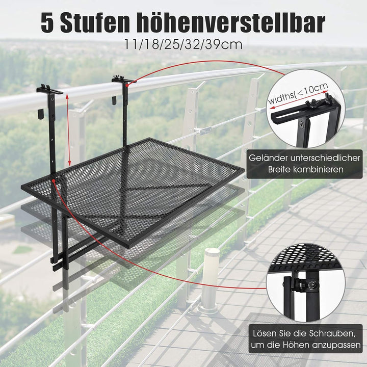COSTWAY Balkontisch klappbar, Balkonhängetisch zum Einhängen, 5-Fach höhenverstellbar, Klapptisch au