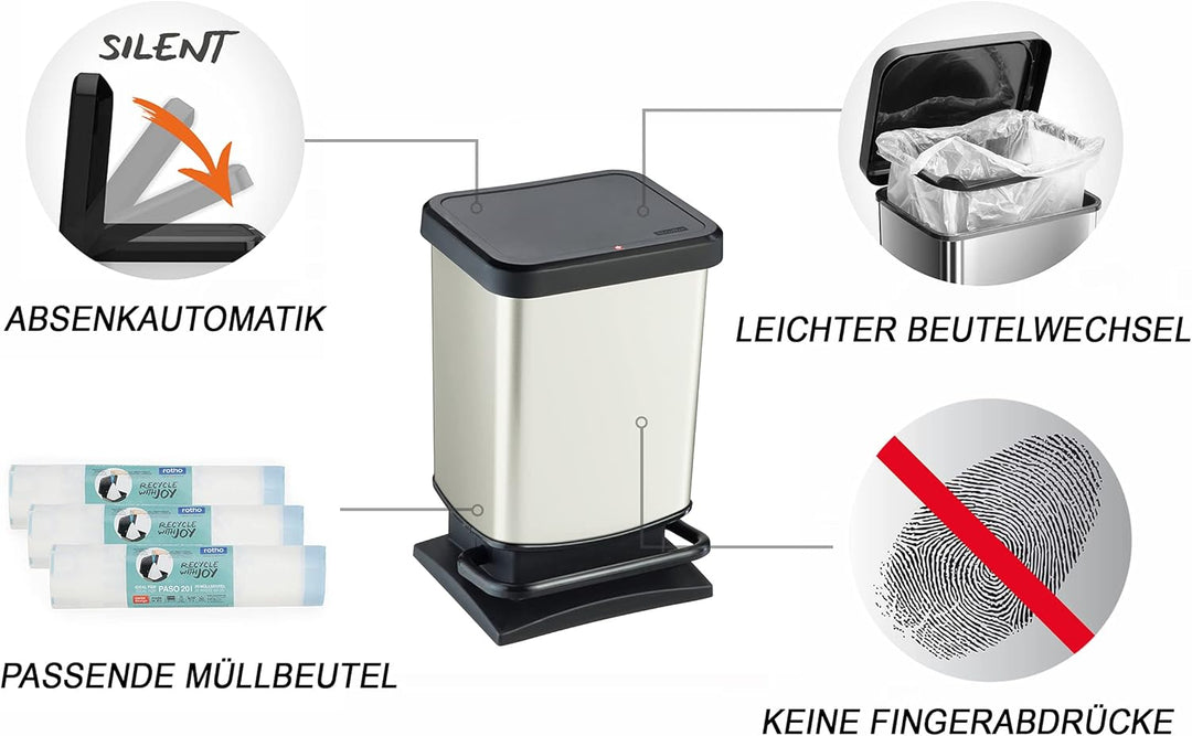 Rotho Paso Mülleimer 20l mit Pedal und Deckel, Kunststoff (PP) BPA-frei, weiss metallic, 20l (29,3 x