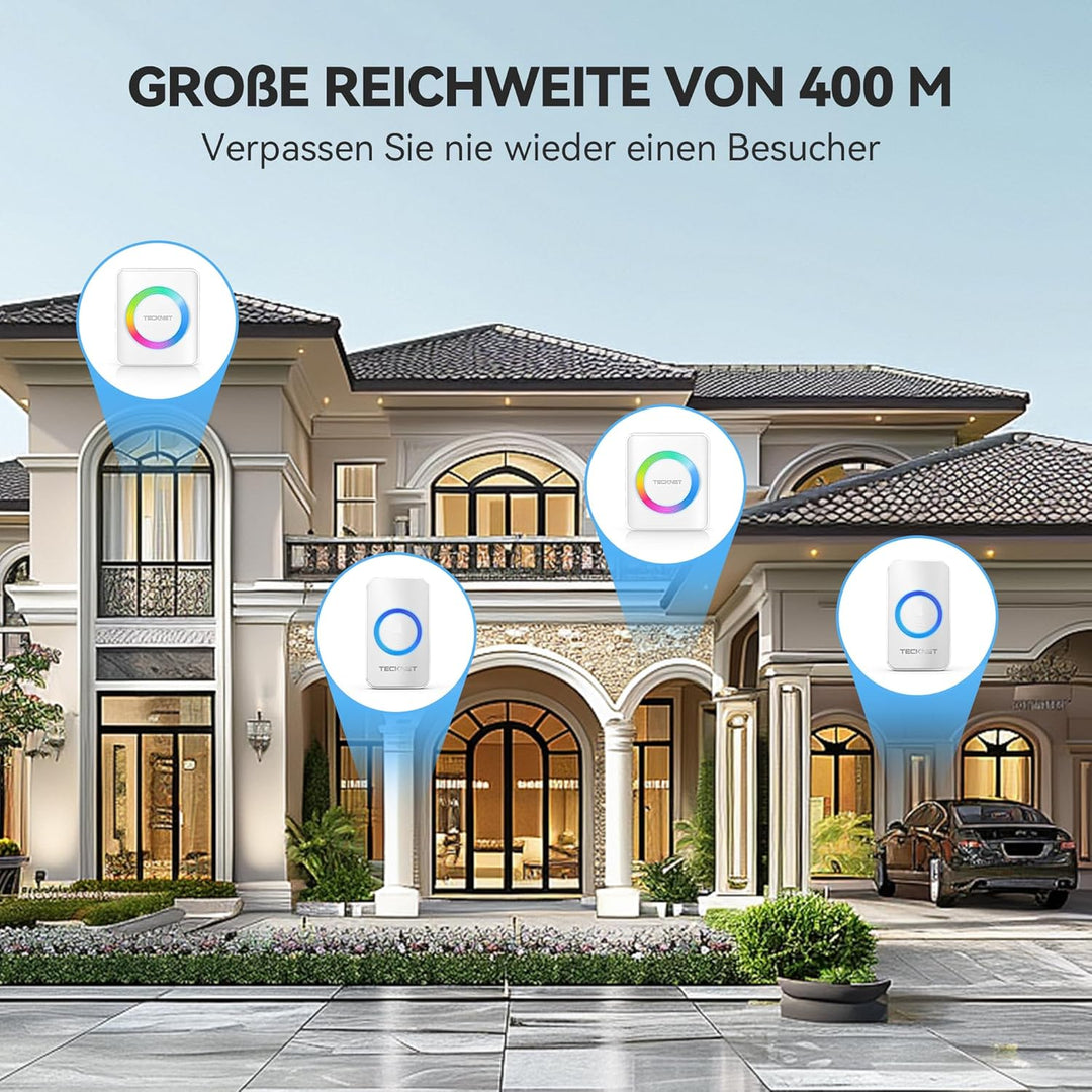 TECKNET Funkklingel, Kabellose Türklingel Funk Set 400m Reichweite, IP65 Aussen Wasserdicht Haustür