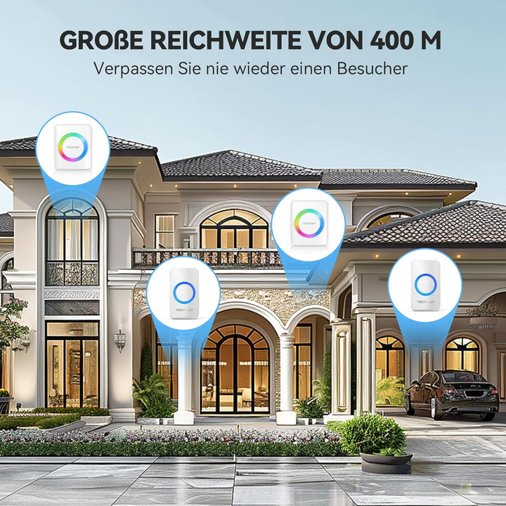 TECKNET Funkklingel, Kabellose Türklingel Funk Set 400m Reichweite, IP65 Aussen Wasserdicht Haustür