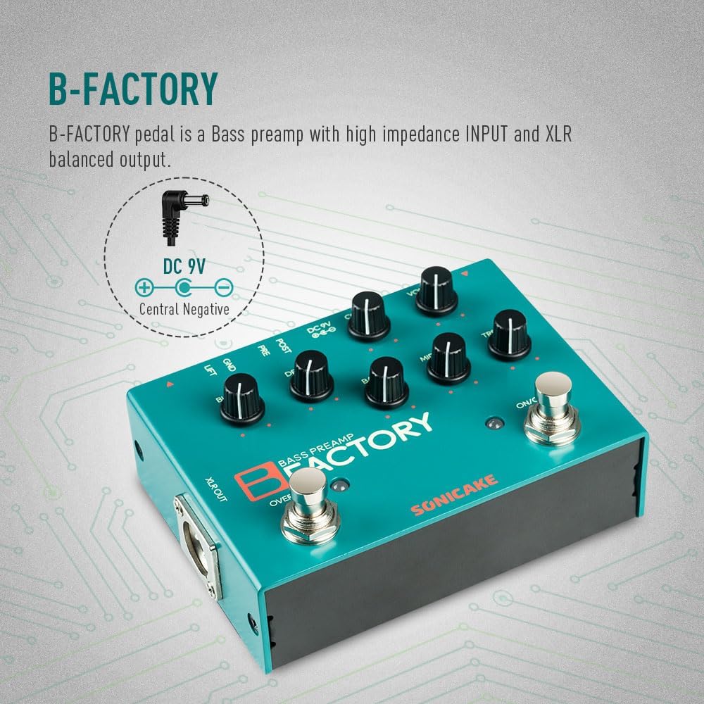 SONICAKE Bass Pedal mit Overdrive Analog Preamp Compression Effektpedal 3-Band EQ XLR Output B Facto