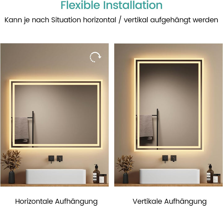 EMKE Badspiegel mit Beleuchtung 80x60cm, Badezimmerspiegel mit Warmweiss Licht 3000K, Wandschalter,