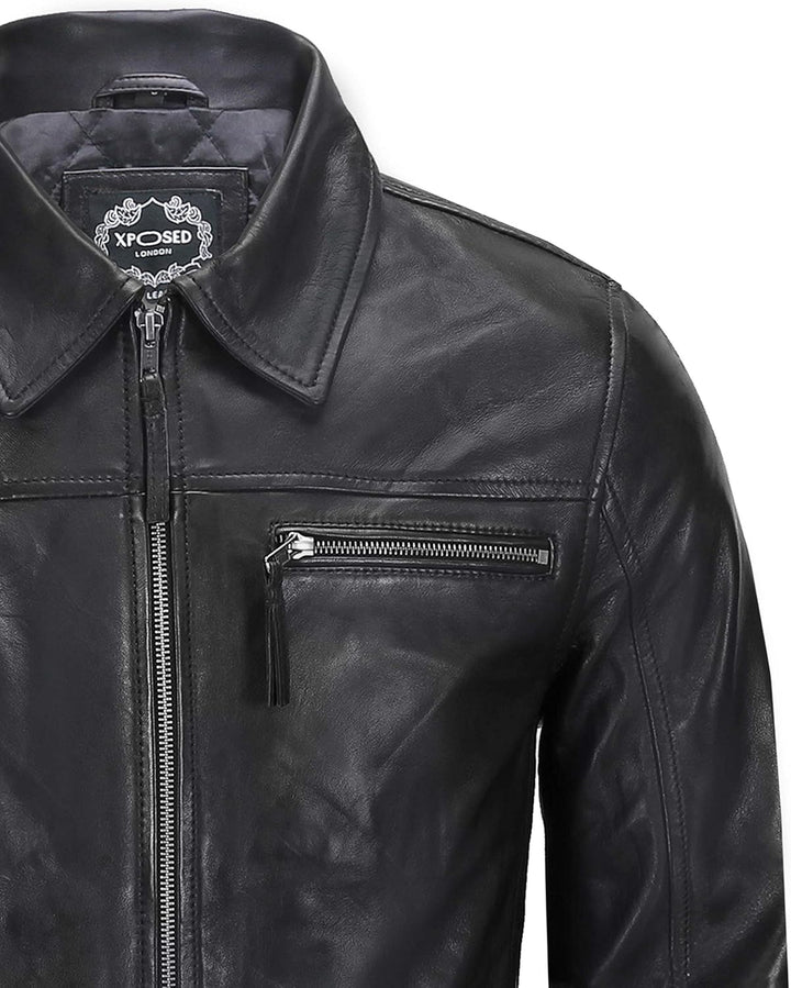 Xposed Männer Echte Lederjacke Klassischer Kragen Retro-Reissverschluss-Biker-Stil Smart Casual Slim