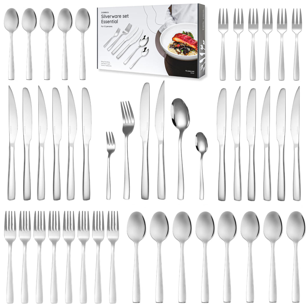 Besteckset 12 Personen, 72-teilig, Edelstahl 18/0 Silber, spülmaschinenfest und rostfrei, Tafelbeste