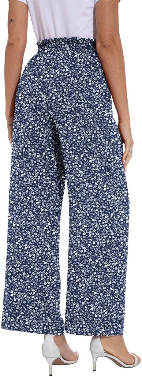 PrinStory Damen Hose Mit Weitem Bein Leichte Elastische Taille Sommer Hose Mit Taschen Kausale Arbei