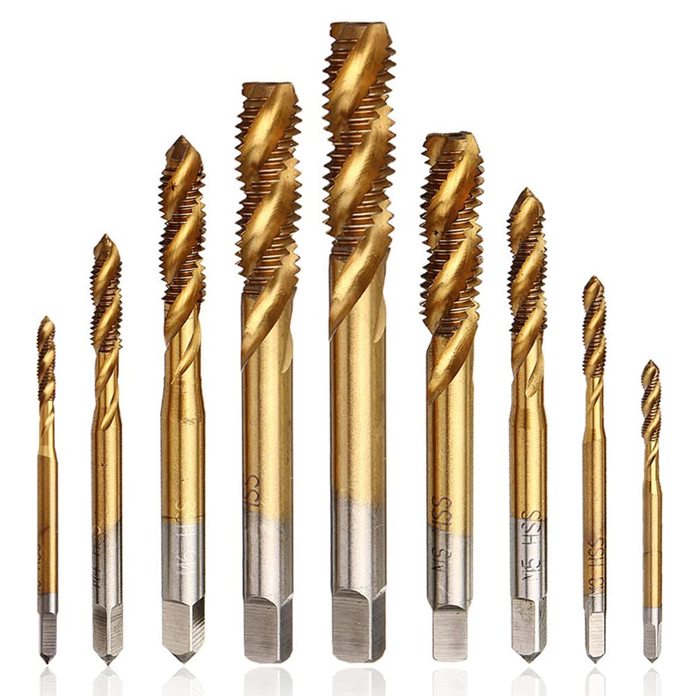 Mesee 9 Stück Spiralgewindebohrer, HSS Titanbeschichtetes Gewindebohrer, Spiralnutbohrer Maschinenge