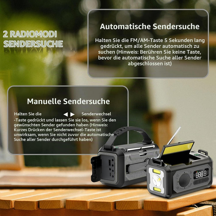 12000mAh Kurbelradio mit Handyladefunktion, Solar Radio mit 2 Sonnenkollektoren, AM/FM Tragbar Notfa