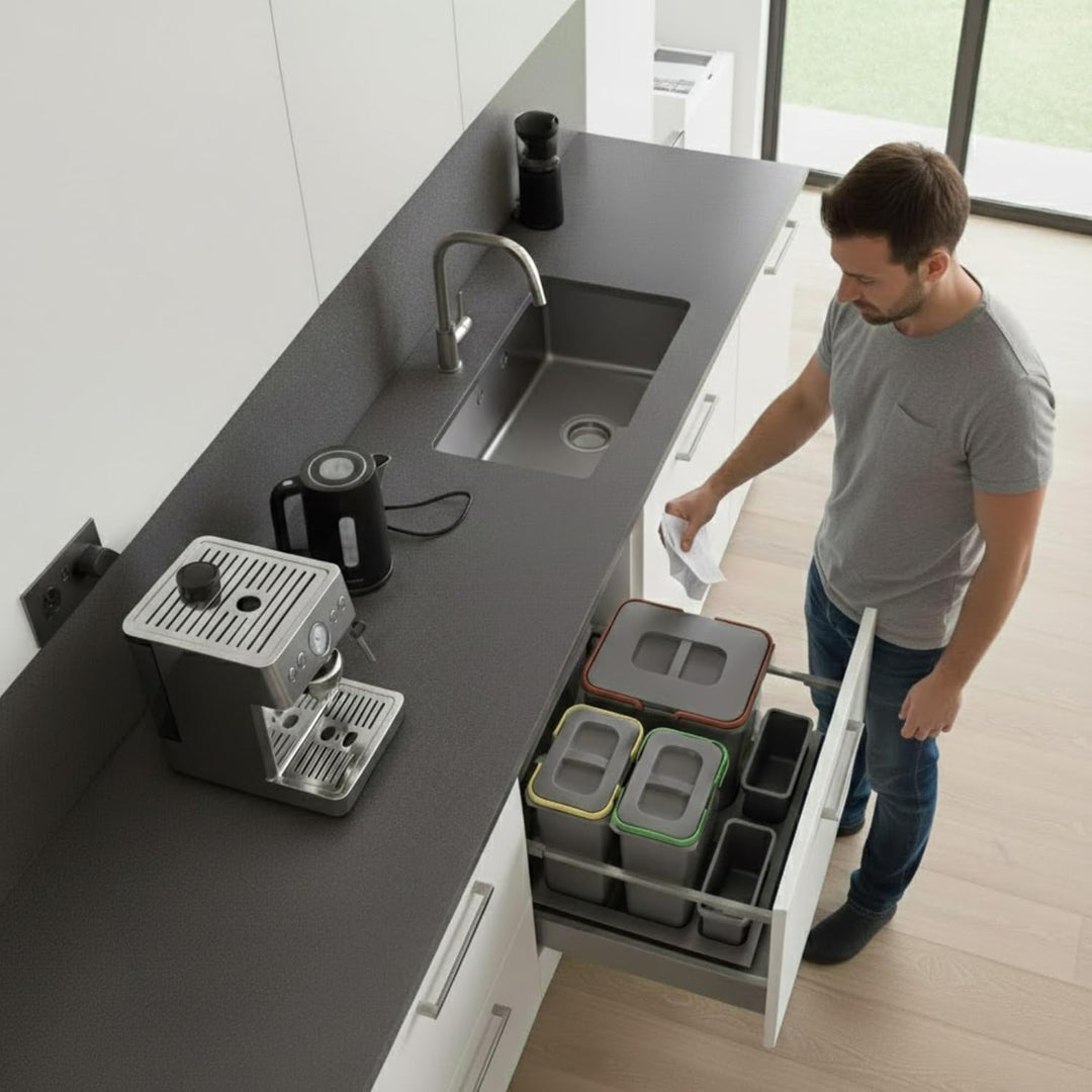 Mülltrennsystem Küche für 60 cm Schrank 3-fach 52,5x49x30 cm (1x 15L + 2x 7L) mit Deckel Einbau Abfa