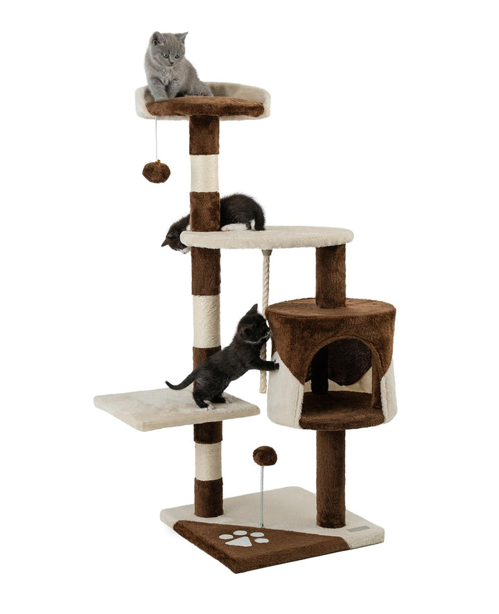 lionto Kratzbaum für Katzen mit 2 Plüschbällen & Spielseil, Höhe 112 cm, Katzenbaum mit Sisalseil &