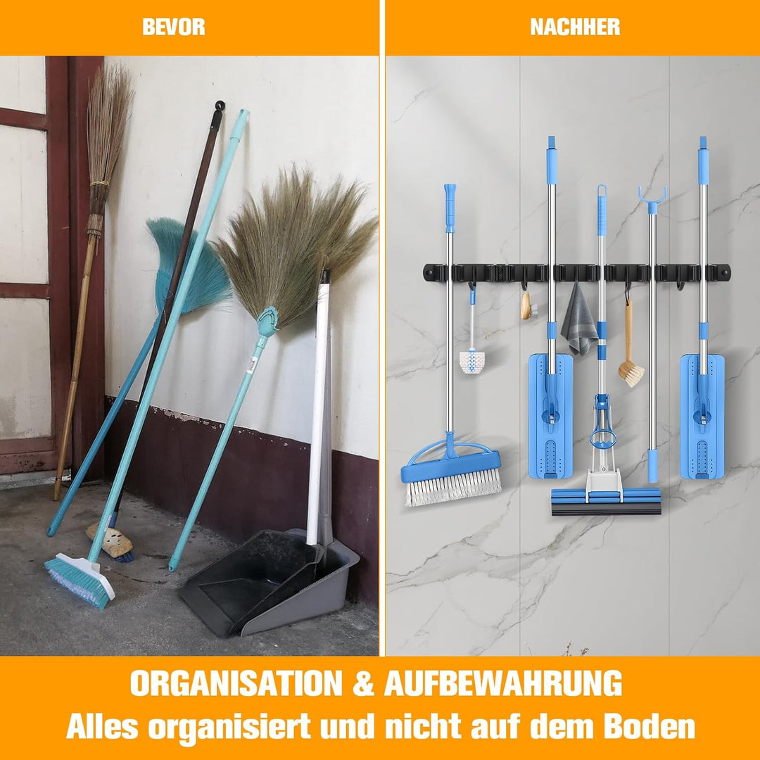 Besenhalterung Wand, Besenhalter Edelstahl, Gerätehalter Wandhalterung mit 6 Halter und 5 Haken, Bes
