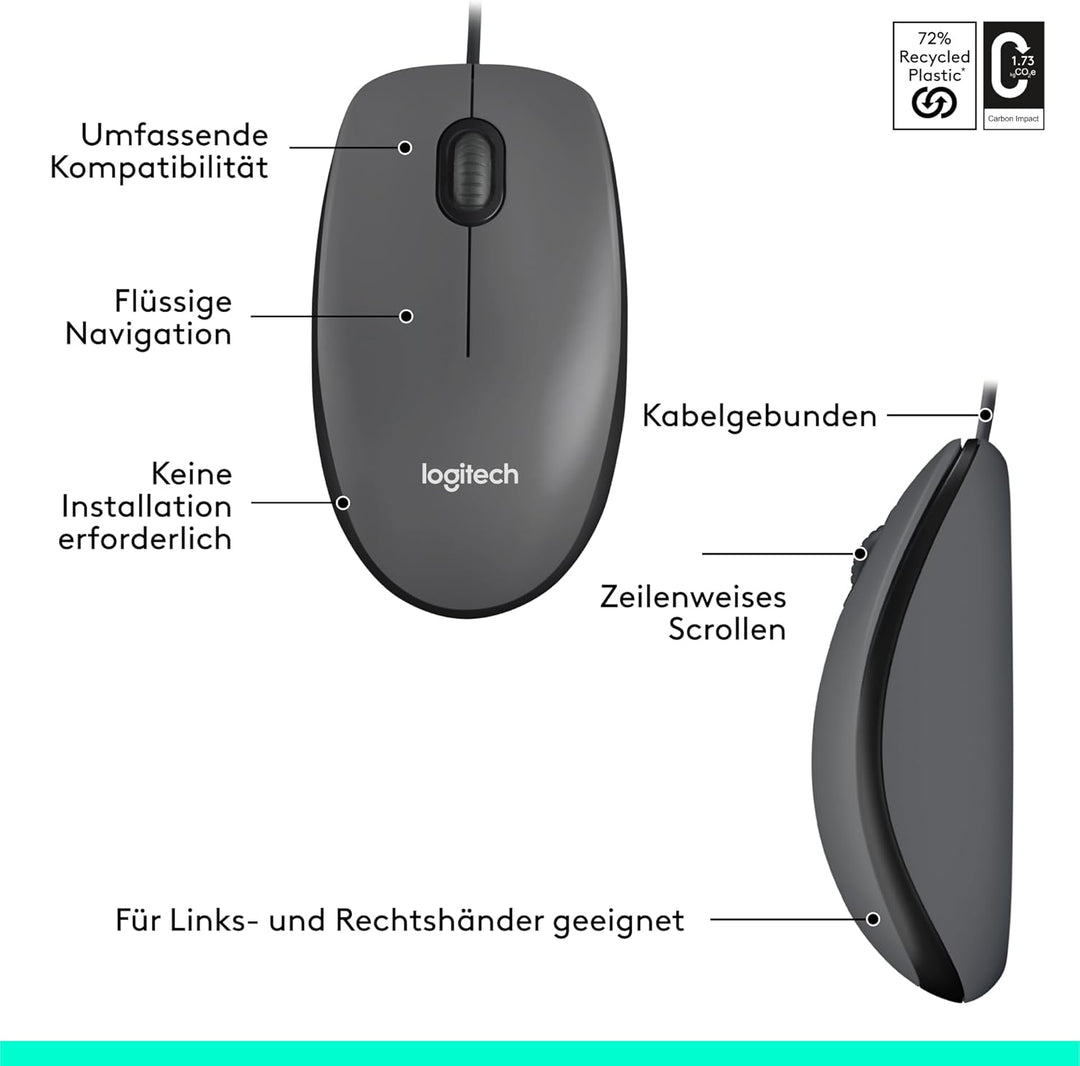 Logitech M100 Kabelgebundene USB-Maus, 3 Tasten, 1000 DPI Optical Tracking, Für Links- und Rechtshän