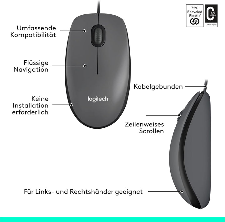 Logitech M100 Kabelgebundene USB-Maus, 3 Tasten, 1000 DPI Optical Tracking, Für Links- und Rechtshän