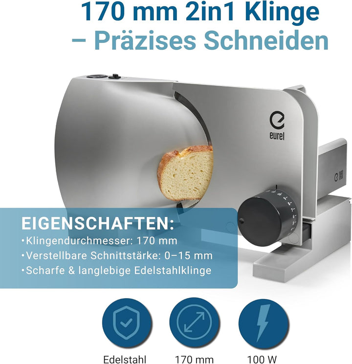 EUREL RS74 Elektrischer Allesschneider, Grösse Metallschneidfläche, Einstellen der Messergeschwindig