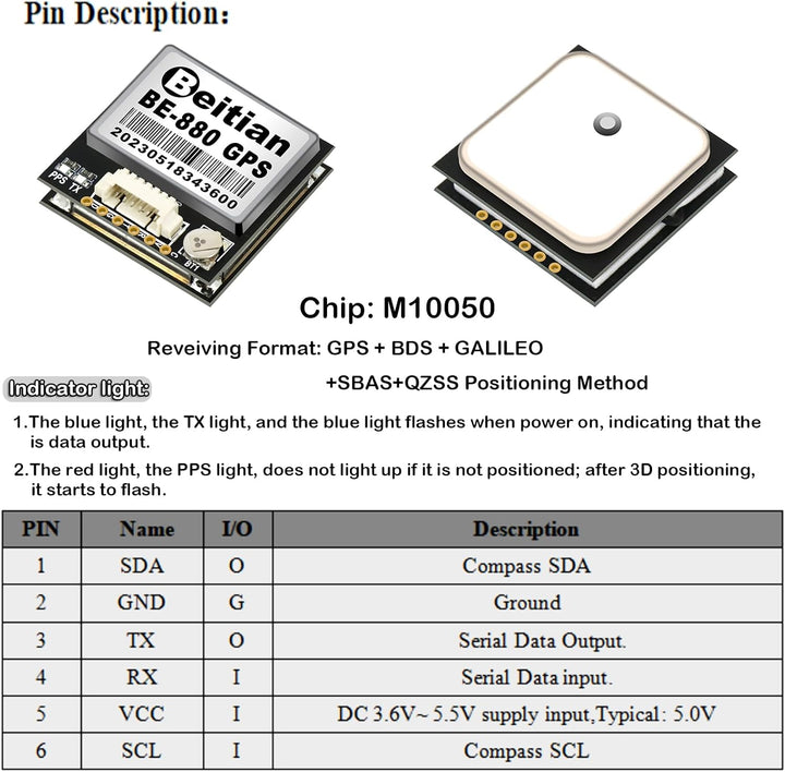 Geekstory BE-880 GPS Receiver Module with Flash HMC5883L Compass 10th Chip GPS Antenna TTL Level 384