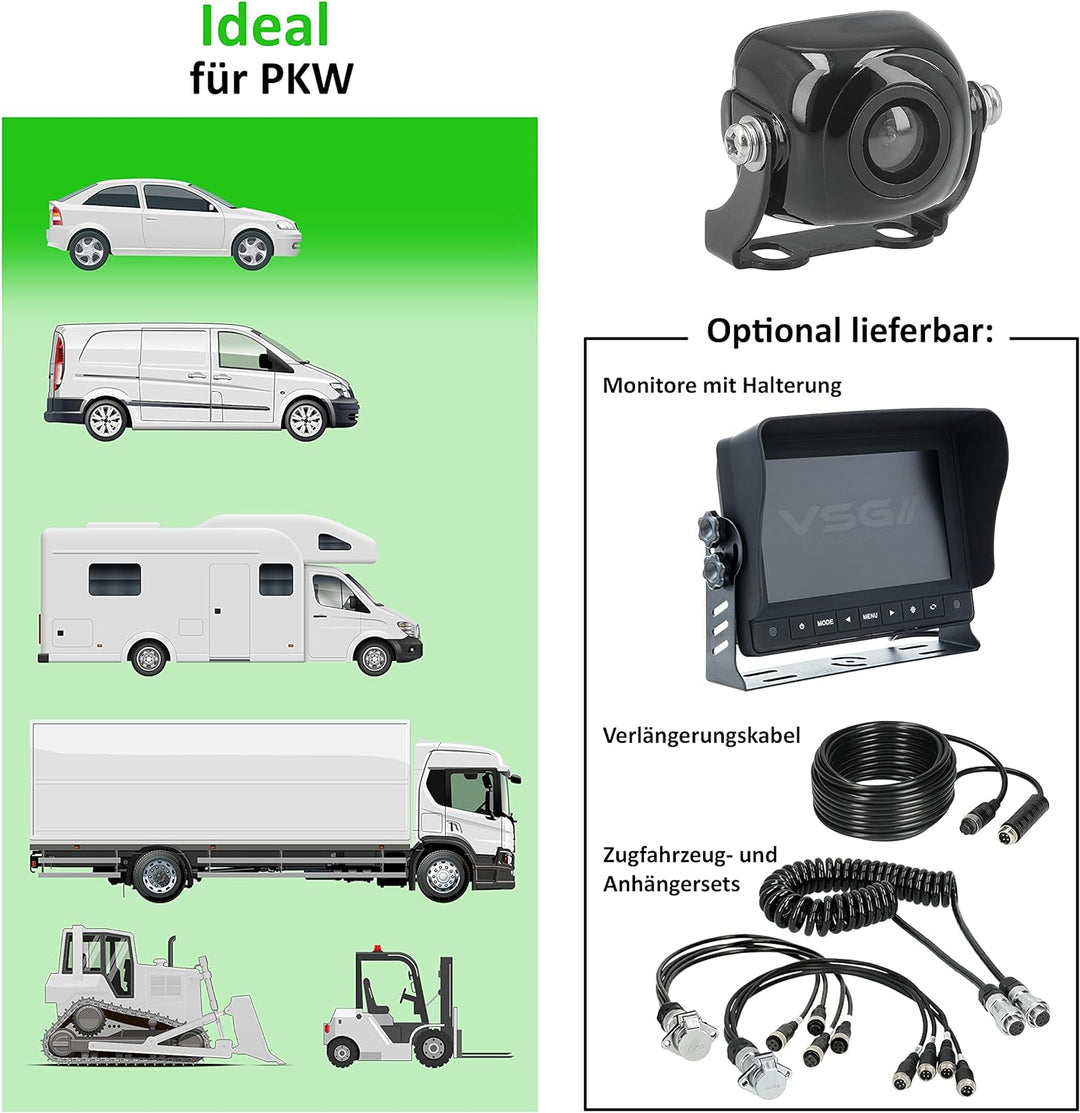 VSG24 23141 – Mini Rückfahrkamera, Kleine Kamera inkl. Verlängerungskabel, Distanzlinien-Anzeige, Fl