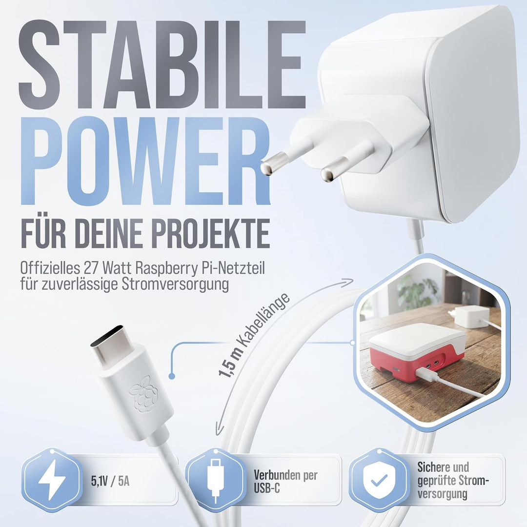 Raspberry Pi 5 8GB Starter-Kit | 128GB Edition | Offizielles 27W Netzteil | Offizielles Gehäuse mit