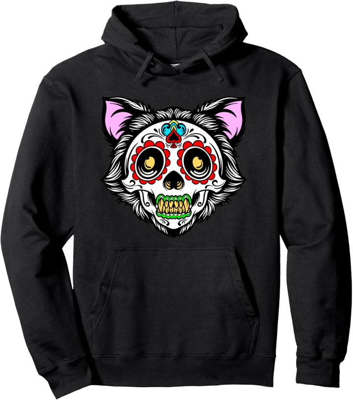 Cat Sugar Skull Day Of The Dead Cat Halloween Pullover Hoodie