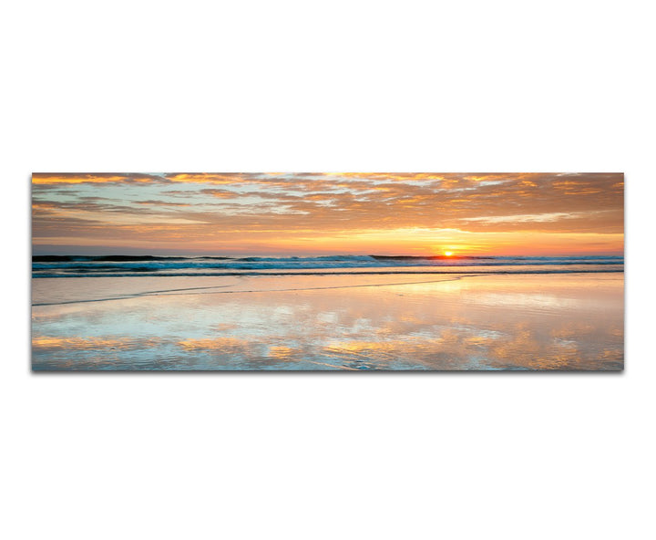 Paul Sinus Art Panoramabild auf Leinwand und Keilrahmen 150x50cm Strand Meer Wellen Wolken Sonnenauf