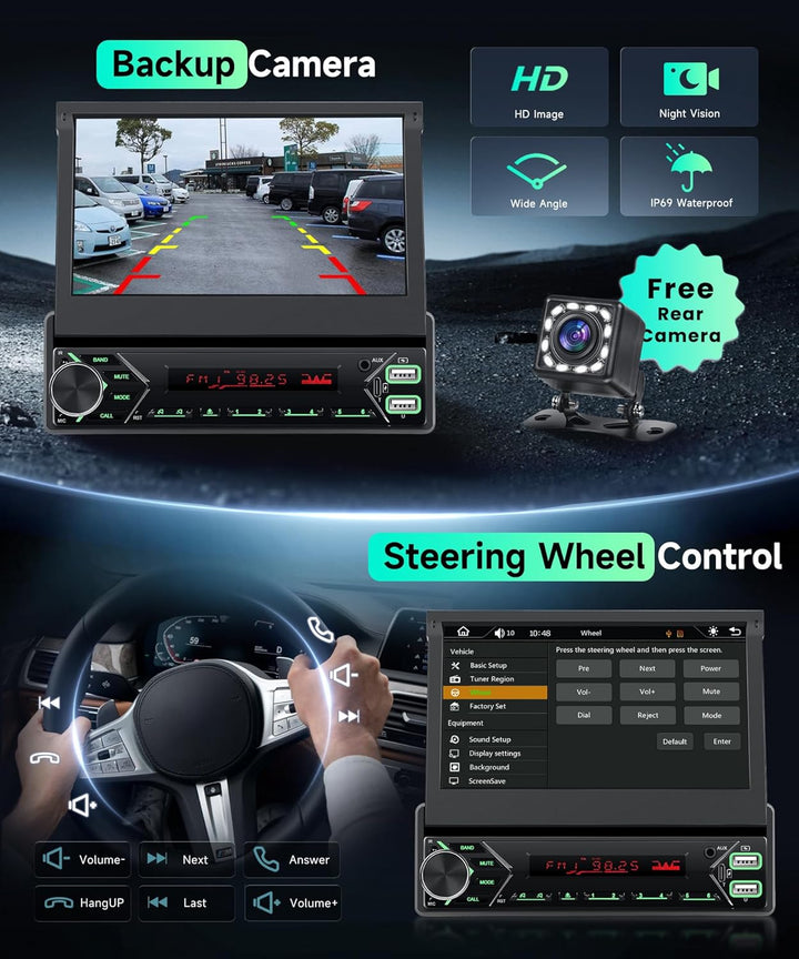 VECHTEL DAB/DAB+ Autoradio Carplay Android Auto Wireless mit 7 Zoll elektrisch einziehbarem Bildschi