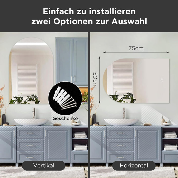 SANYCASA Bogenförmiger Touchspiegel 75x50 cm – LED Badezimmerspiegel mit Anti-Beschlag, 3 Farbtemper