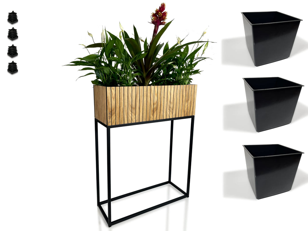 FLEXISTYLE Pflanzenständer LOFT FIORINO Metall Eiche Holz Lamelle Blumenständer Schwarz Blumentopf m