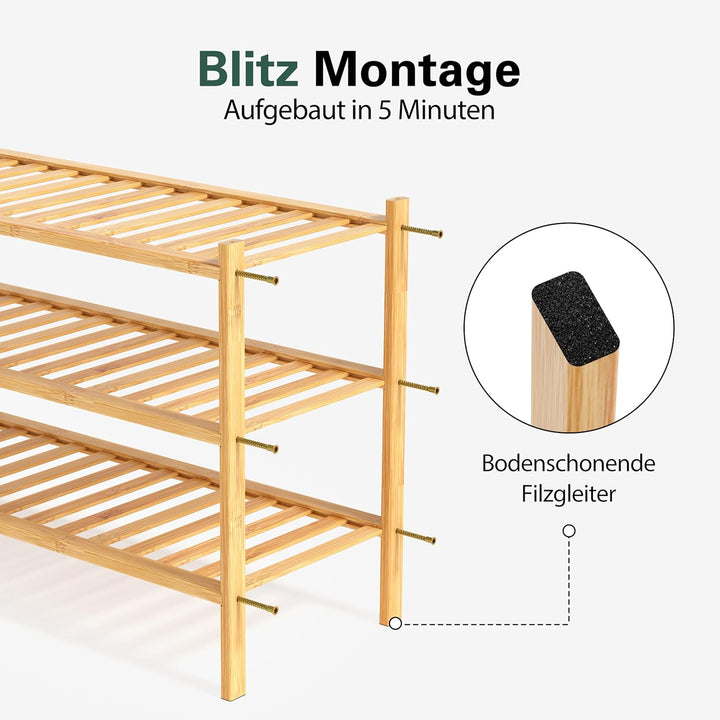 Schuhregal aus Bambus, Schuhablage mit 3 Ebenen, 68 x 28 x 46 cm, Erweiterbar Stapelbar, Schuhschran