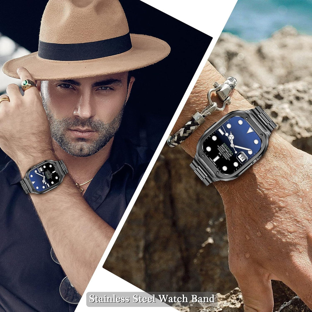 HASLFM Edelstahl Apple Watch Armband mit Gehäuse Kompatibel mit Apple Watch Series 9/8/7(45mm),Robus