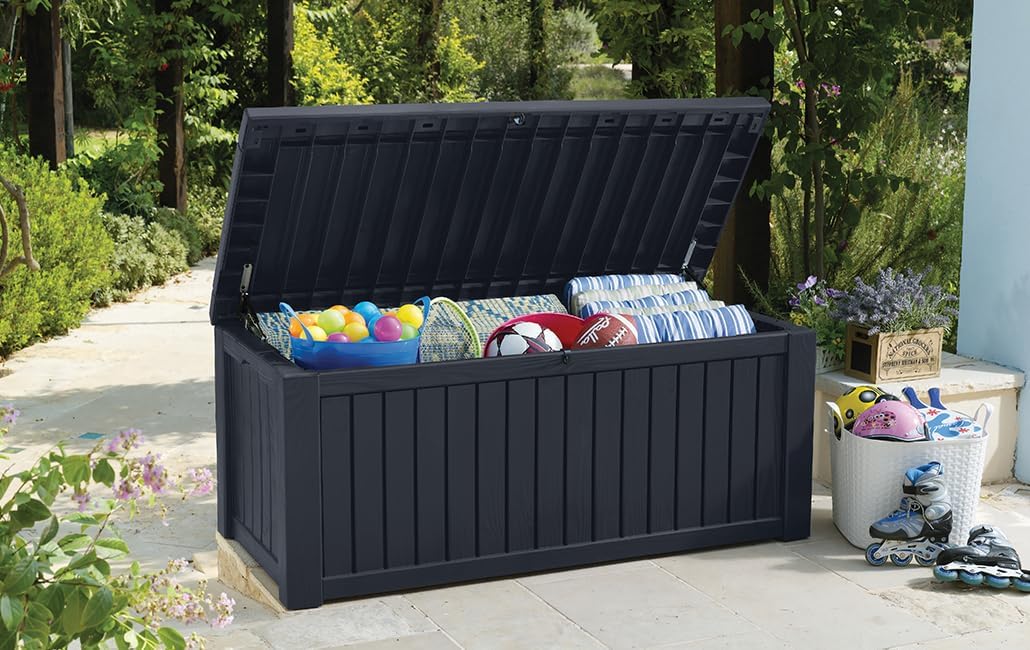 Keter Kissenbox Rockwood, graphit, 570l Fassungsvermögen, Aussenmasse: 155 x 72,4 x 64,4 cm, Auflage