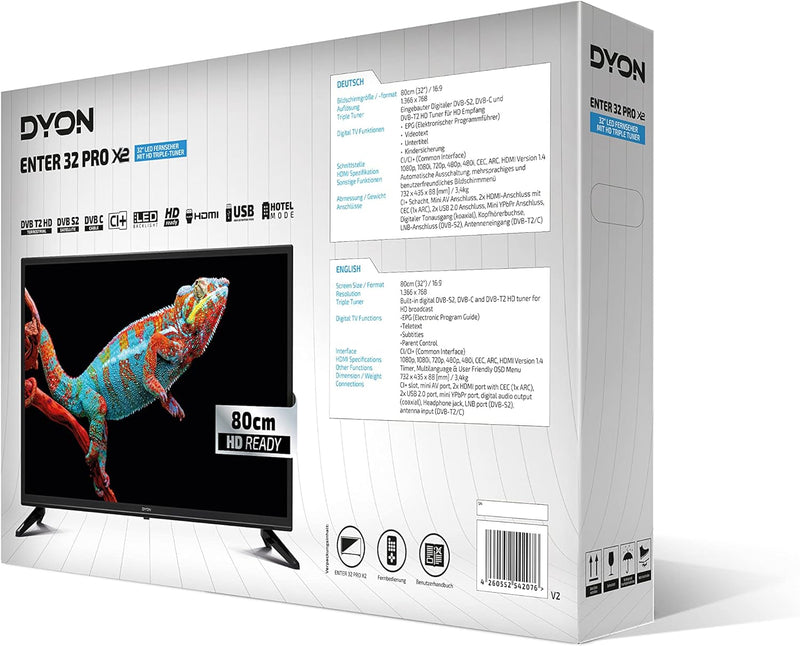 DYON Enter 32 Pro X2 80 cm (32 Zoll) Fernseher (Triple Tuner (DVB-C/-S2/-T2), Hotelmodus, USB-Media