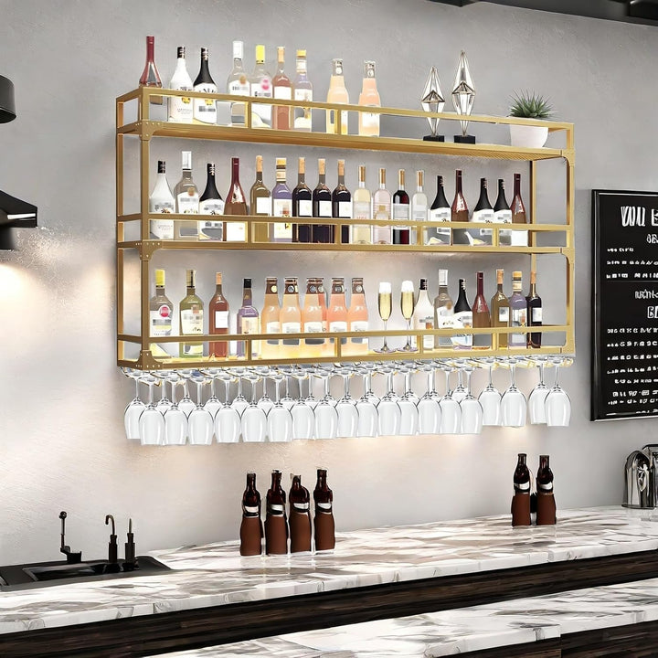 Weinregal Wand, 3 Ebenen Wand-Weinregale mit Glashalter, Multi funktionaler Weinpareite Display Rack