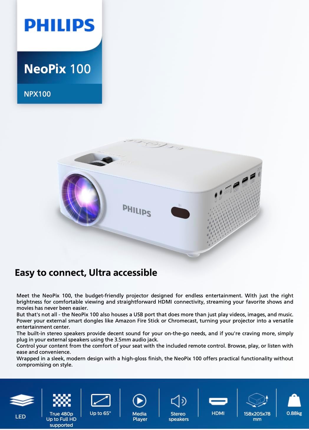 Philips NeoPix 100 Beamer Fixed Beamer 65 Zoll (165 cm) Display, LED, integrierte HiFi-Stereo-Lautsp