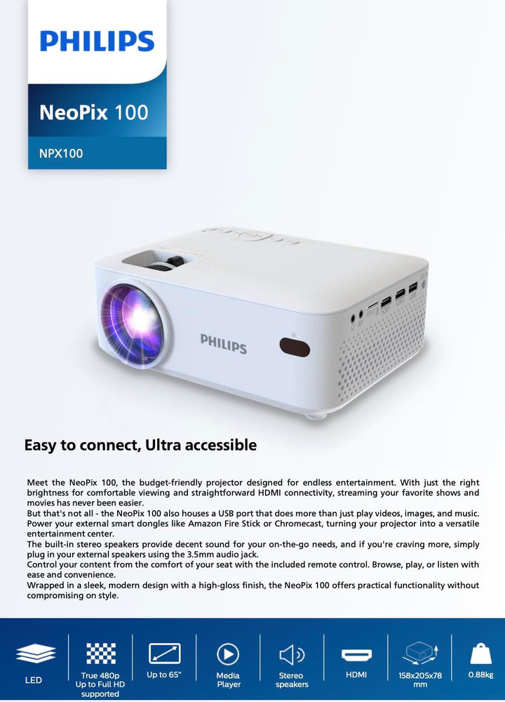 Philips NeoPix 100 Beamer Fixed Beamer 65 Zoll (165 cm) Display, LED, integrierte HiFi-Stereo-Lautsp