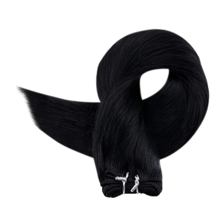 RUNATURE Tressen Echthaar Schwarz 30cm Glatt Haarverlängerung Zum Einnähen Menschliches Haar 70g Kur
