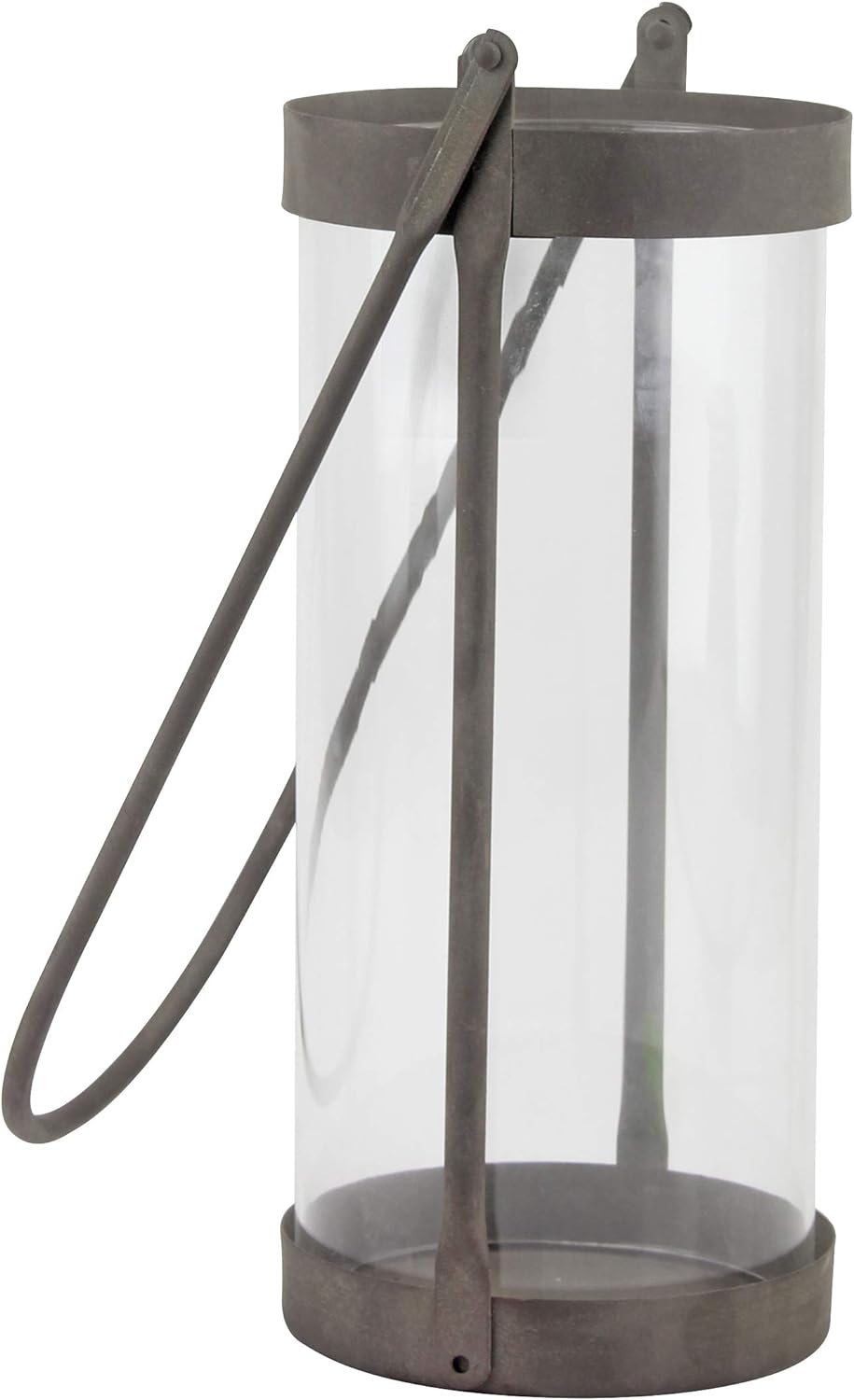 Stonebriar Industrial Glass Cylinder Hurricane Candle Lantern with Rustic Zinc Metal Frame and Handl