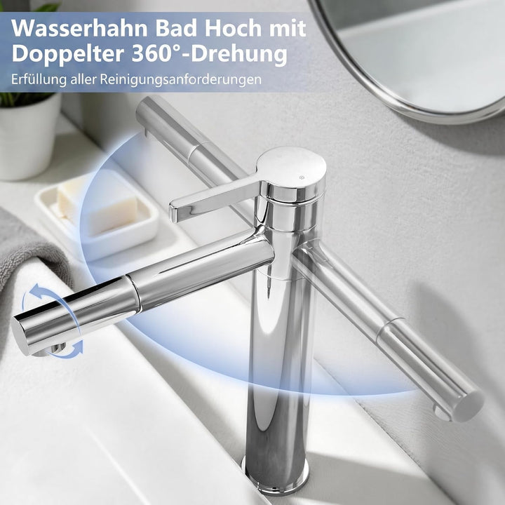 HOMELODY Waschtischarmatur Hoch mit 360°drehbarer Auslauf &amp; Körper - Edelstahl Wasserhahn Bad mit 21