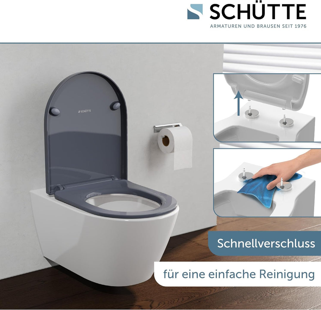 SCHÜTTE D-Form WC-Sitz mit Absenkautomatik, Abnehmbarer Klodeckel aus bruchsicherem Duroplast, DIY M