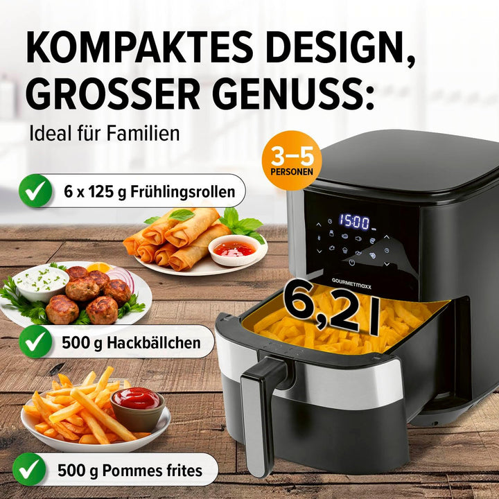 GOURMETmaxx Digitale Heissluftfritteuse XL 6,2 L | Airfryer mit Timerfunktion & Touchdisplay | geruc