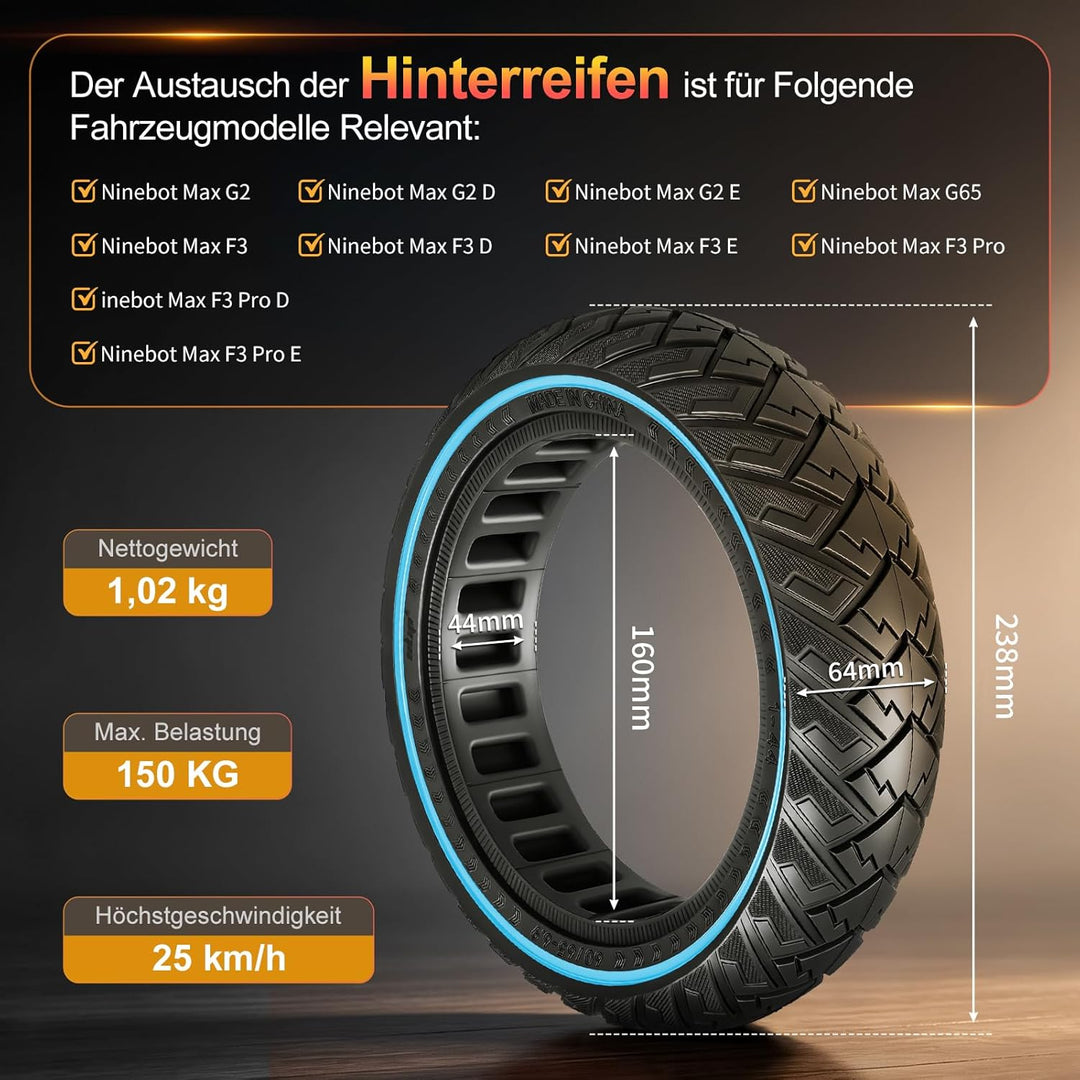 60/65-6,9 Ersatzräder Vollgummireifen 10 Zoll Solide Reifen für Ninebot Max G2 G2D G2E G65 F3 F3 Pro
