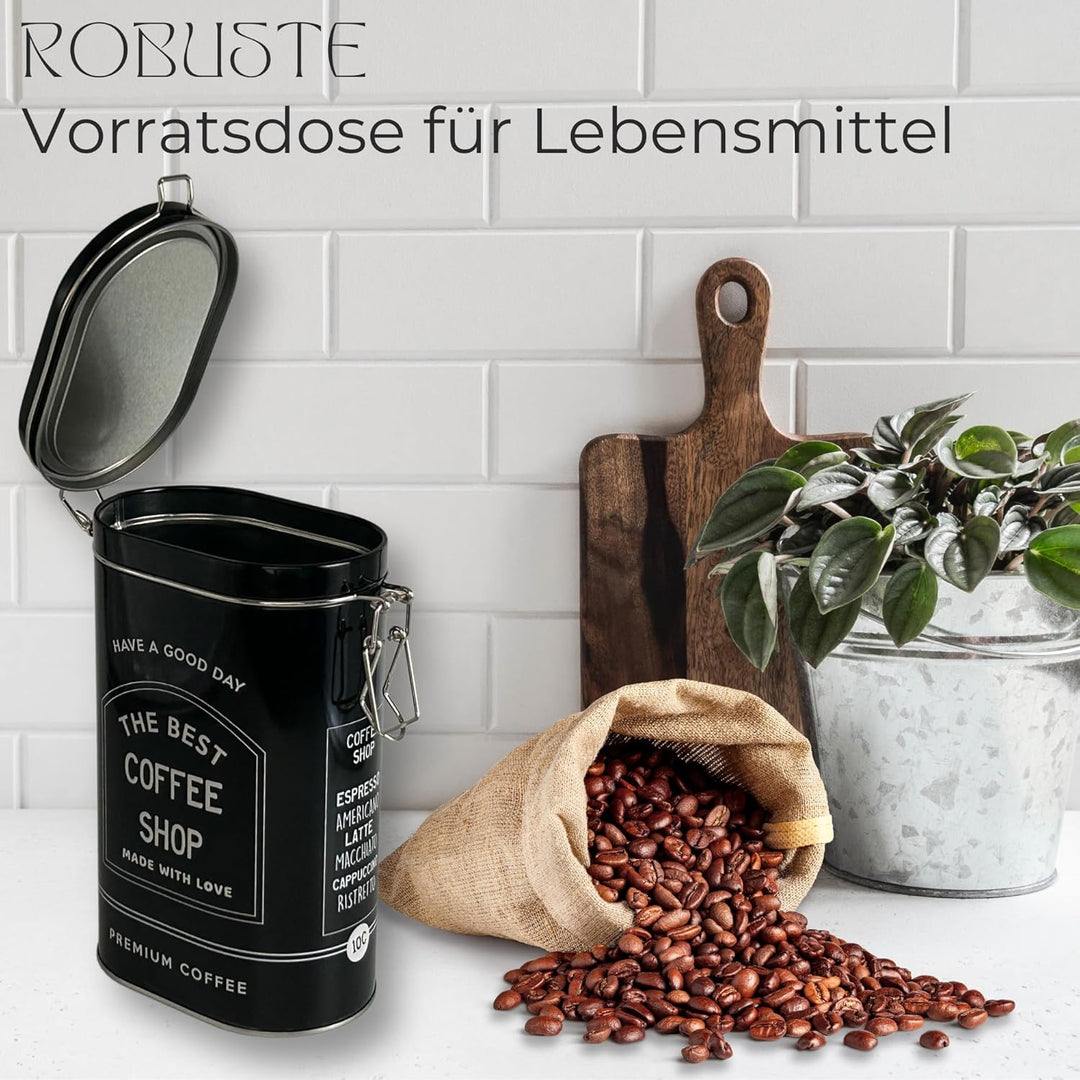 MediMuc Vorratsdose Kaffeedose Teedose oval lackiert schwarz mit weisser Schrift mit Bügelverschluss