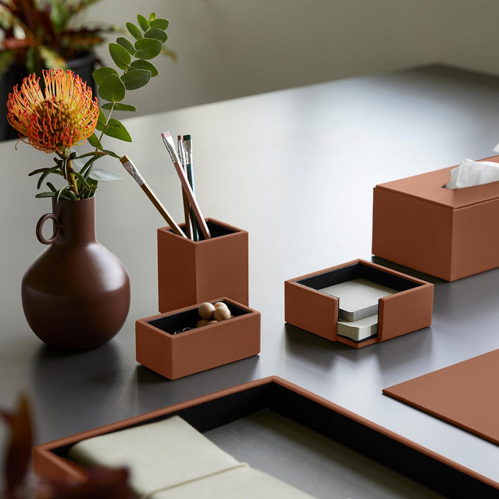 Eglooh - Minerva - Notizzettel Box Leder Orange Braun - Zettelbox, Notizklotz, Zettelkasten für Schr