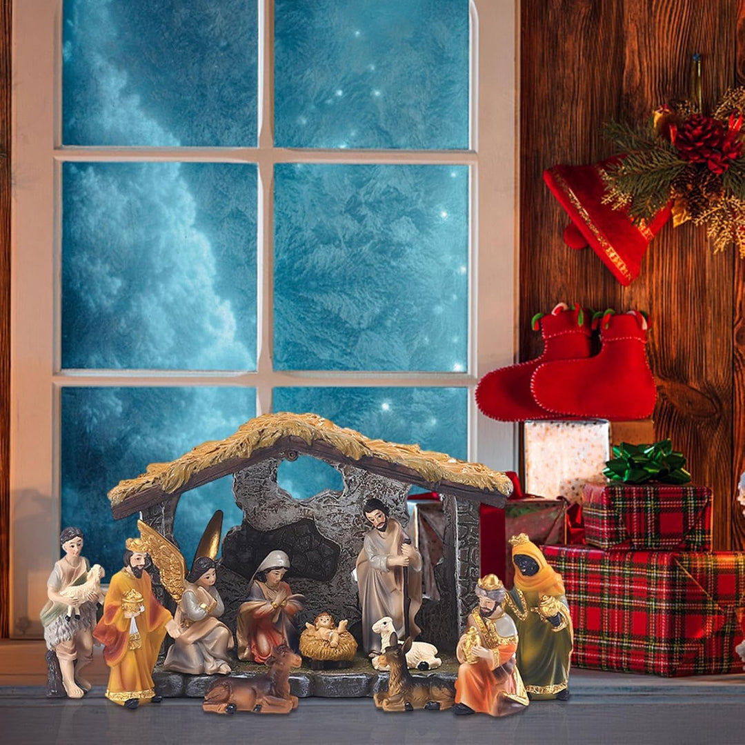 Weihnachtskrippe Komplettset, Weihnachtskrippe mit Figuren, Weihnachtsfiguren Krippe aus Kunstharz,