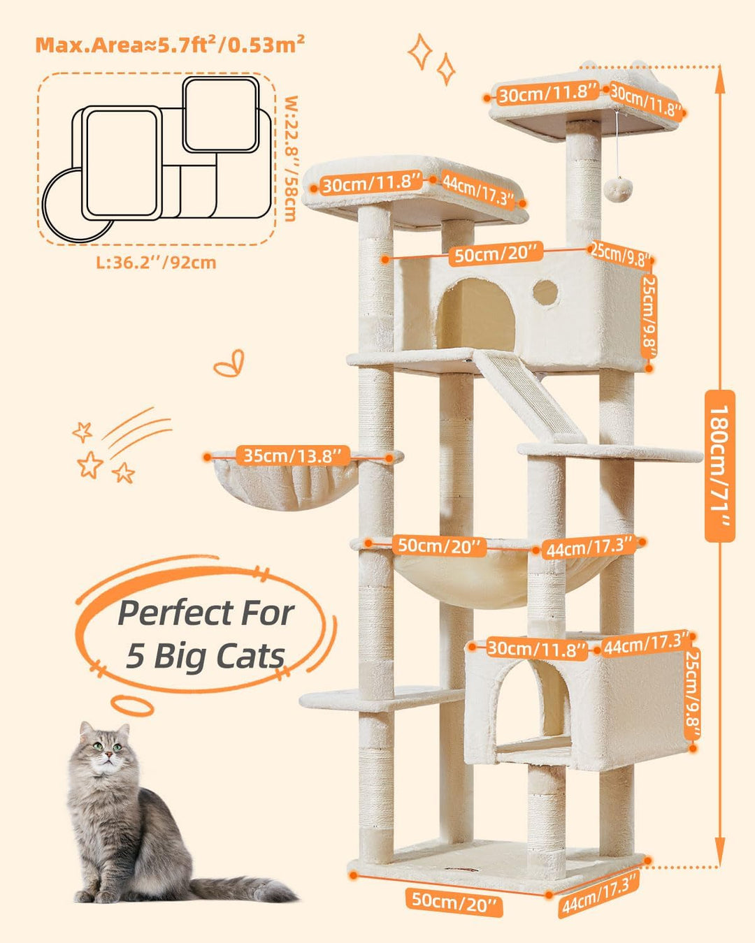 Taoqimiao 180CM Kratzbaum Gross, Katzenbaum Katzen Kratzbaum Grosse Katzen Stabil mit 2 Katzenhaus,