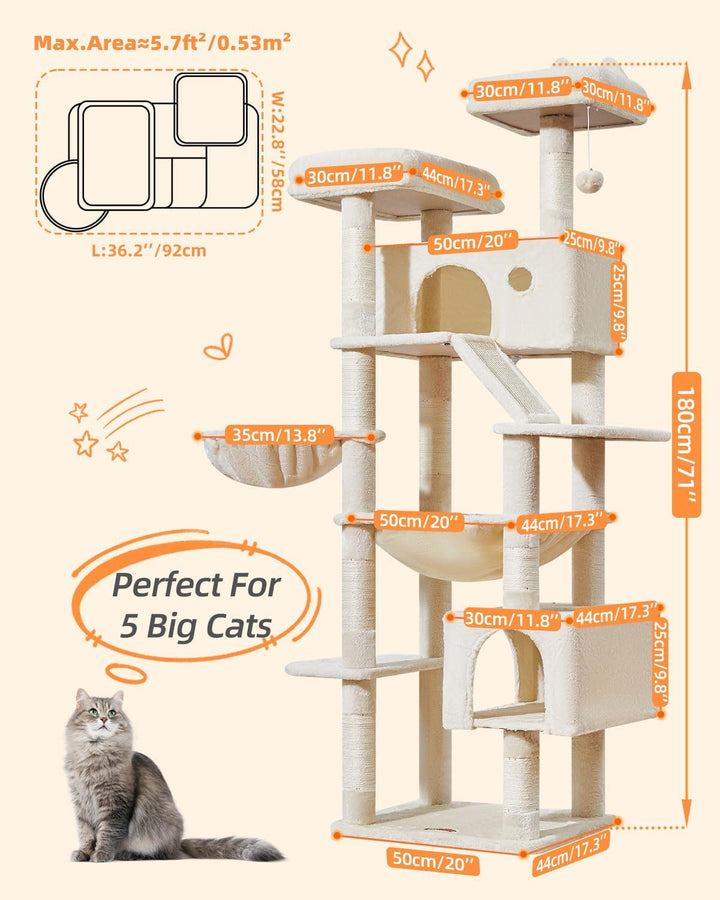 Taoqimiao 180CM Kratzbaum Gross, Katzenbaum Katzen Kratzbaum Grosse Katzen Stabil mit 2 Katzenhaus,