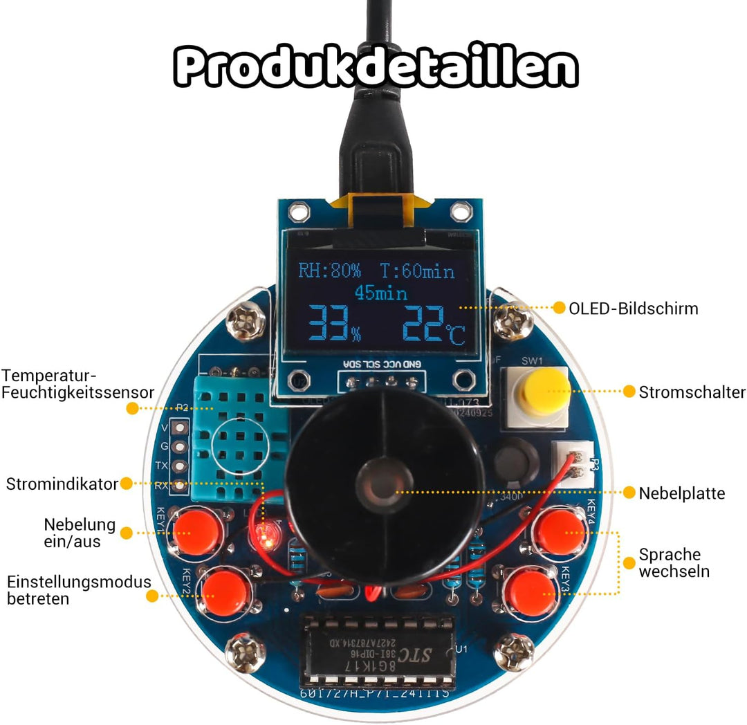 DIY Luftbefeuchter Lötbausatz mit OLED Display – Temperatur- & Luftfeuchtigkeitsanzeige, Timer & Zie