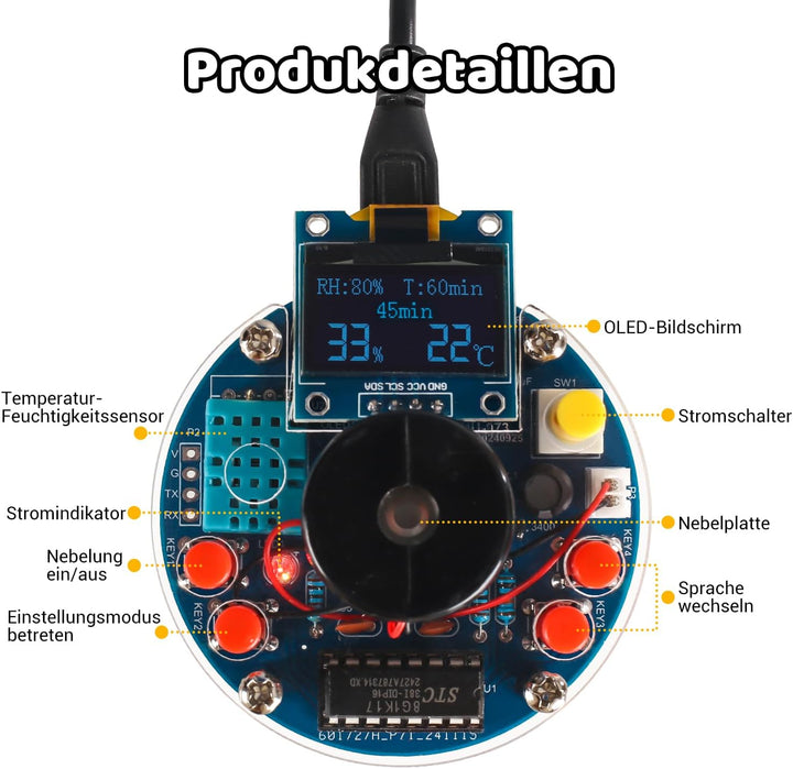 DIY Luftbefeuchter Lötbausatz mit OLED Display – Temperatur- & Luftfeuchtigkeitsanzeige, Timer & Zie