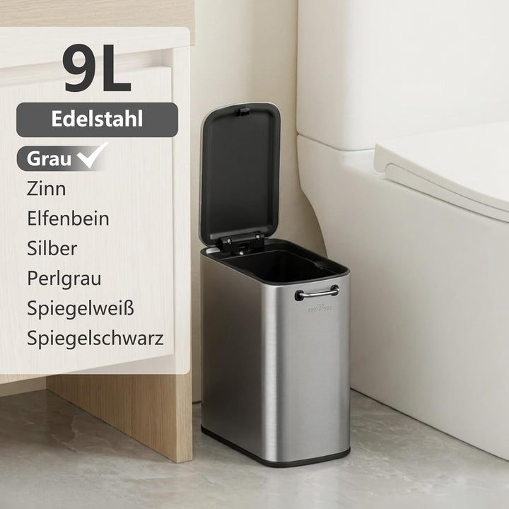 mVm Mülleimer Bad 9L, Abfalleimer Edelstahl, Handbetätigter, Grau | Soft-Close, Herausnehmbarem Inne