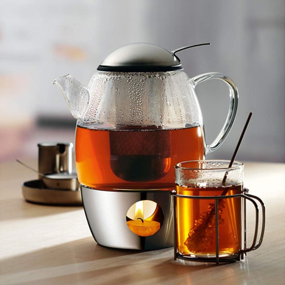 WMF SmarTea Teekanne mit Stövchen Set 3-teilig, Cromargan Edelstahl, Glaskanne 1l mit Siebeinsatz un