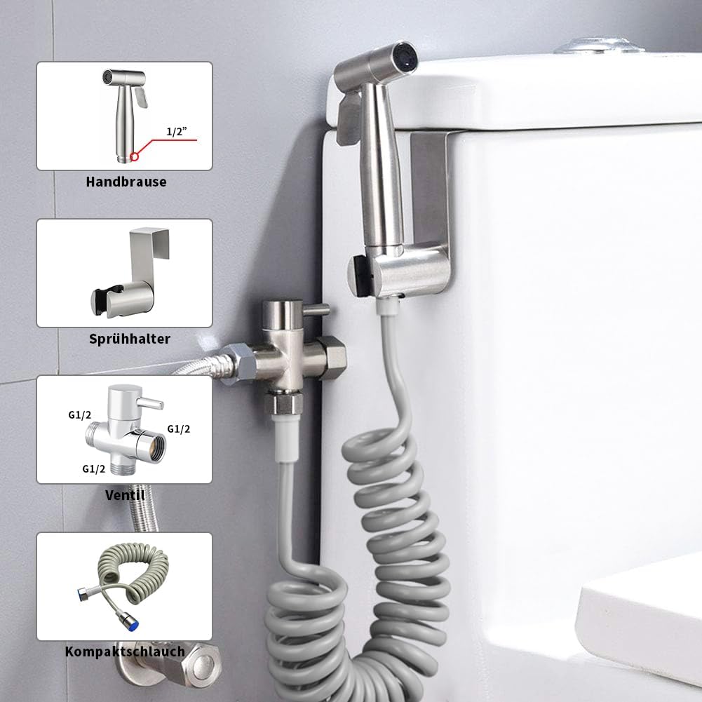 ELINKUME Handheld Bidet Sprayer Kit with G1/2" Double Outlet Valve,Stainless Steel Toilet Sprayers S