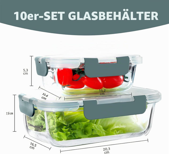 VERONES 10 Stück Glas Crisper Set, luftdichte Glas-Lunchbehälter, Abgedichtete & stapelbare Glasbehä