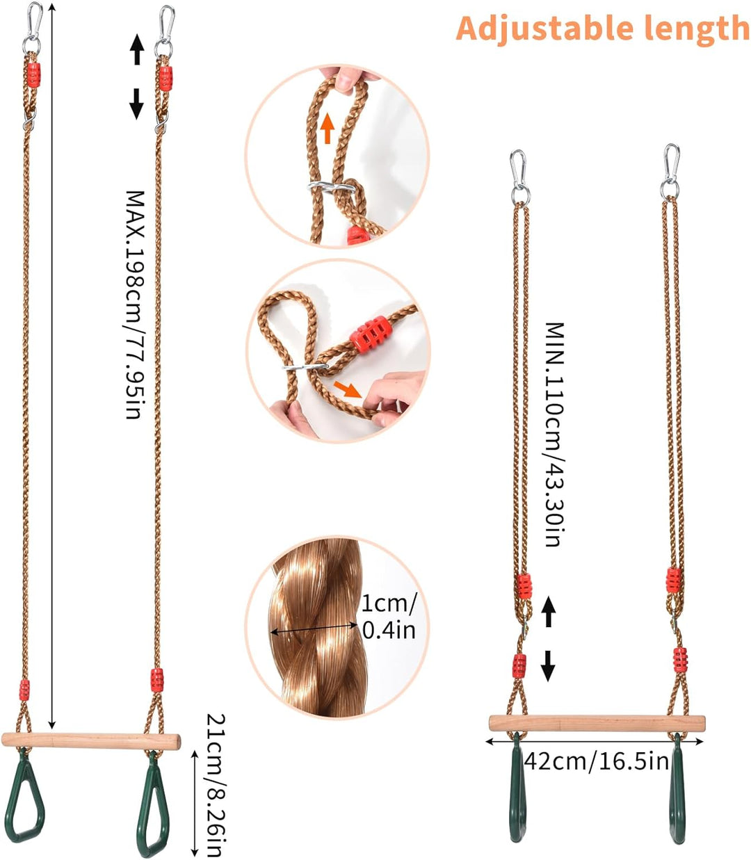 Morwealth Multifunktions Kinderholz Trapeze Schaukel mit Kunststoffringen Turnringe Ringe zum Aufhän